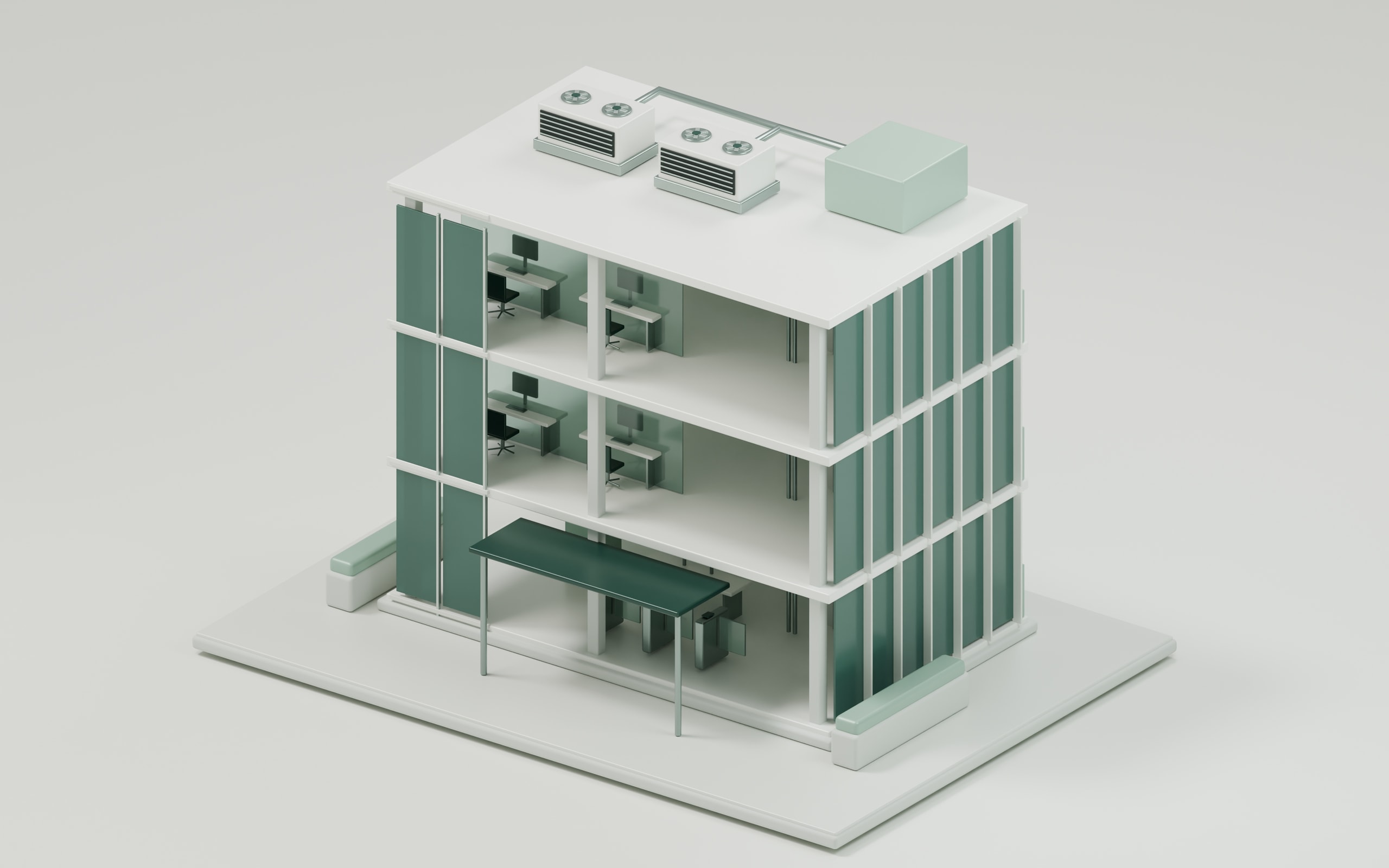 Architectural cutaway of an intelligent commercial building with occupied floors, a plant room and building controls