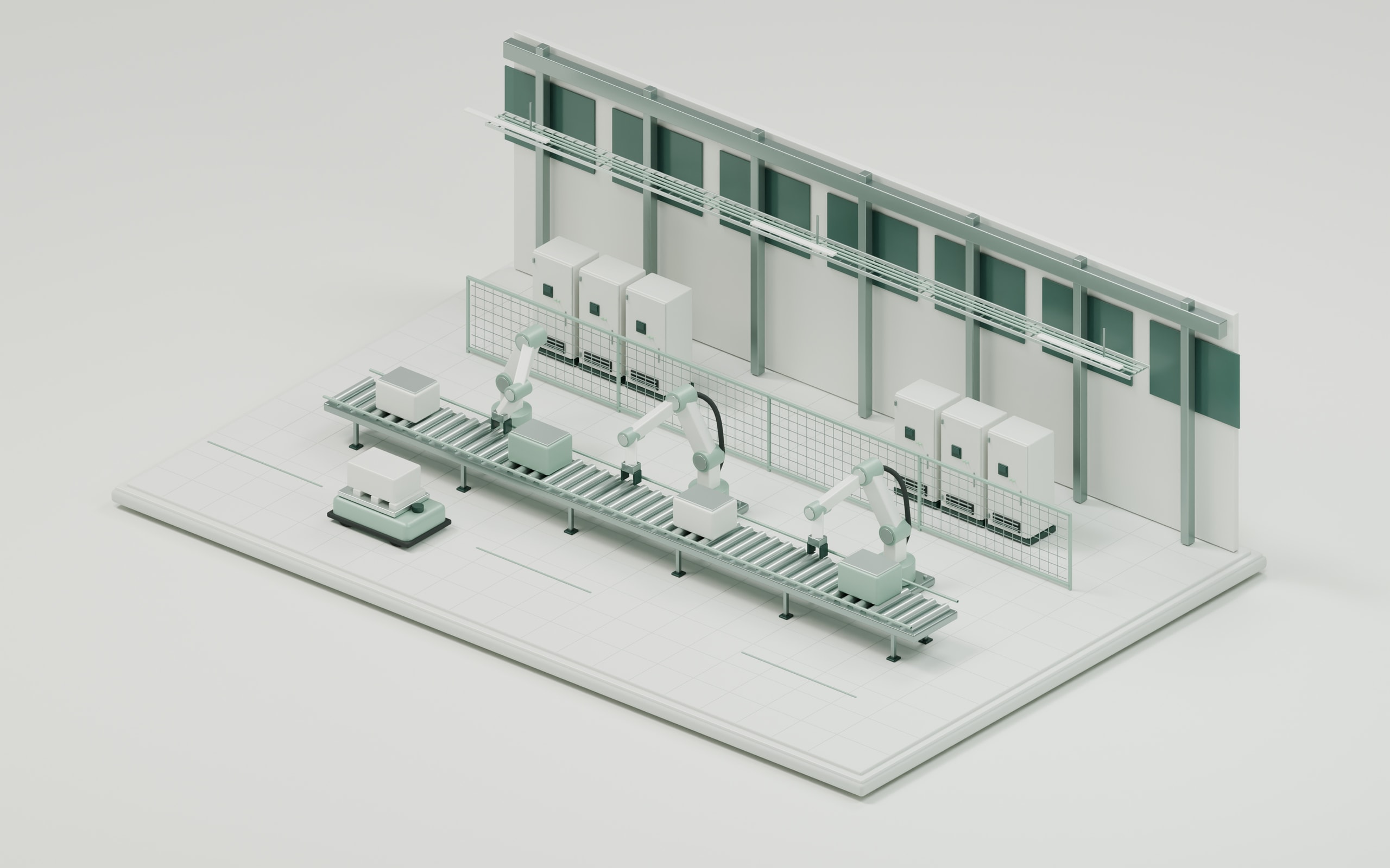 Factory concept showing a robotic production line, conveyors, control cabinets and automated material handling