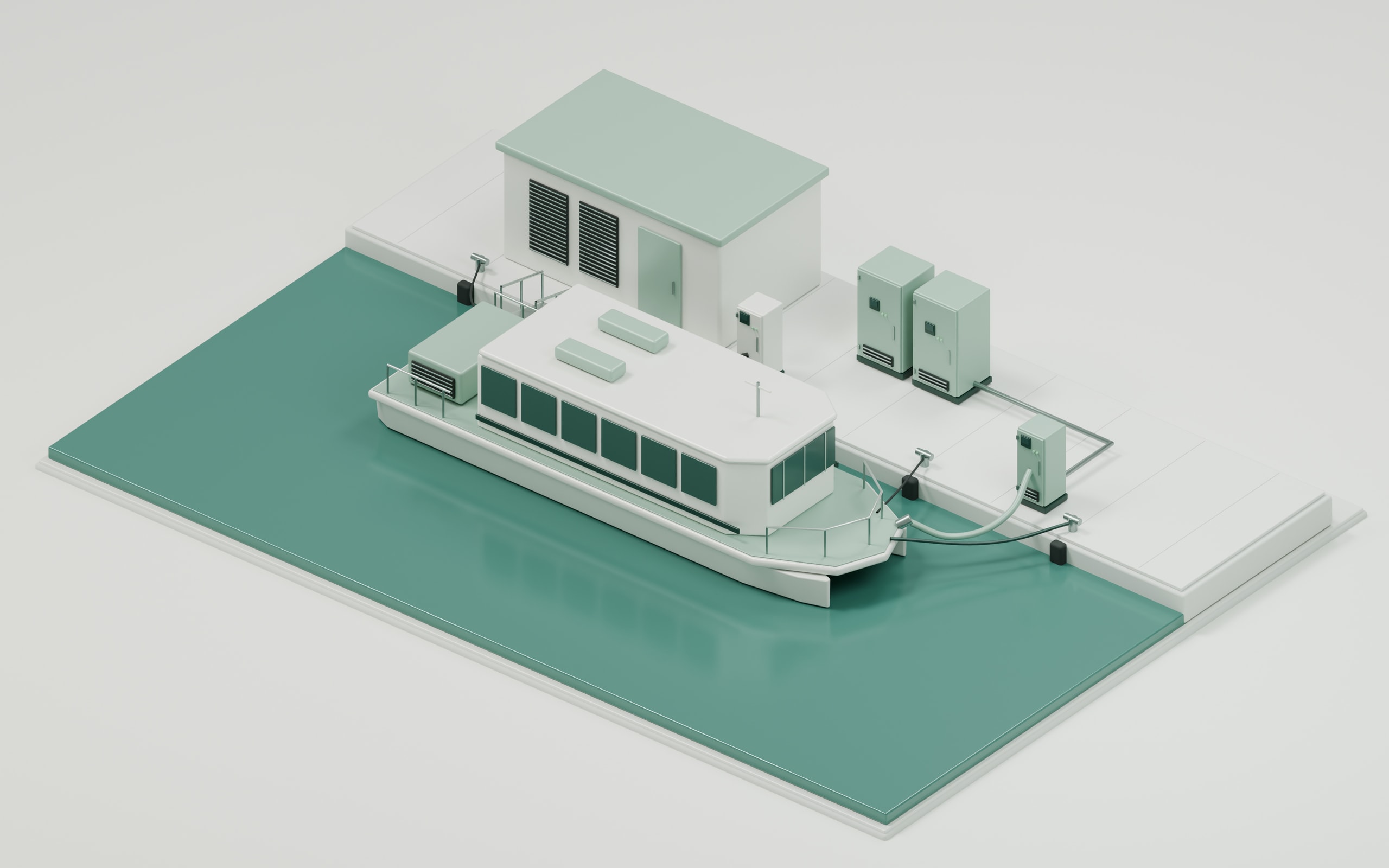 Electric passenger vessel at a pier with shoreside charging equipment, electrical rooms and port infrastructure