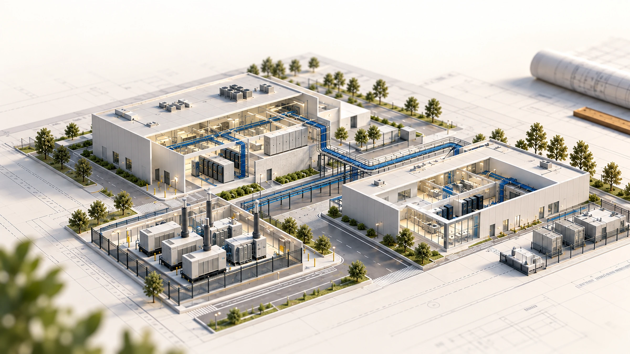 Architectural planning model of two interconnected technical buildings, blue equipment routes and a separate backup power compound on engineering drawings