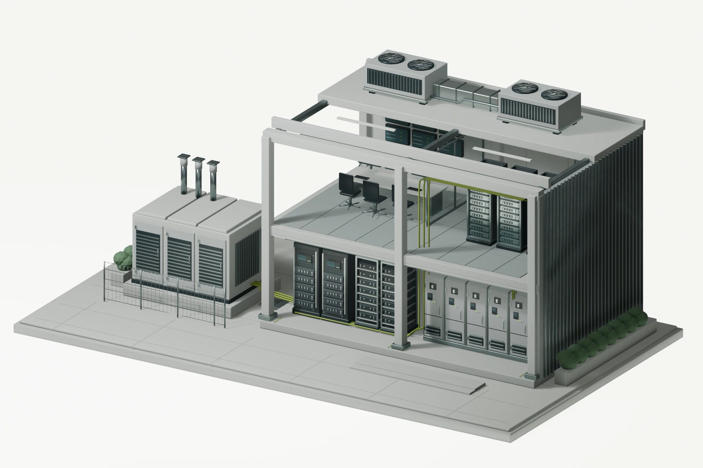 An illustrative facility model showing technical equipment and a separate backup power area